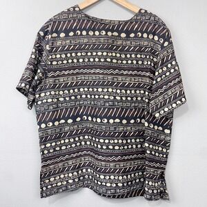 Vintage 90s Rafaella Silk Blouse Sz L‎ Tribal Maximalist Boho Artsy Top Neutrals